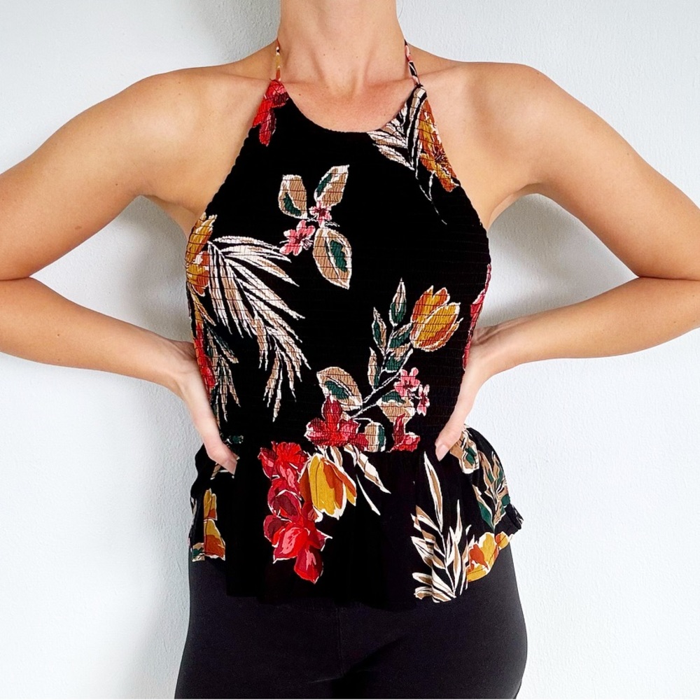 Patrons of Peace black red tropical floral smocked peplum halter top size XS